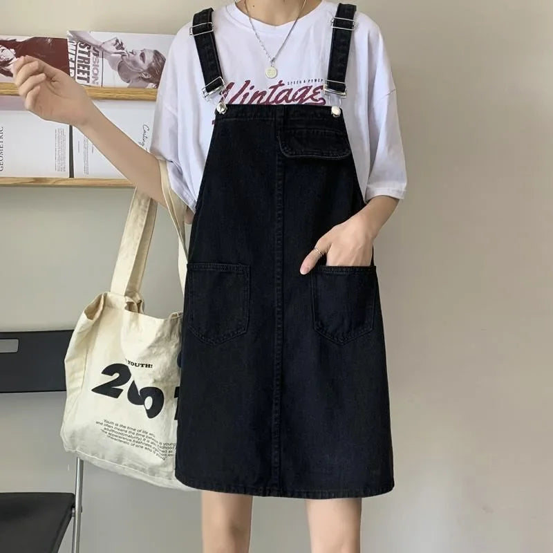 Spring Summer Black Denim Overall Dress Women Casual Sleeveless Jeans Dresses Fashion Female Loose Spaghetti Strap Dresses Girls