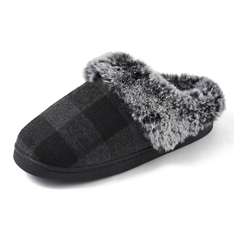 Plaid Thicken Plush Fur Slippers Women 2024 Winter Closed Toe Couple Home Slippers Woman Comfort Soft Sole House Shoes Slides