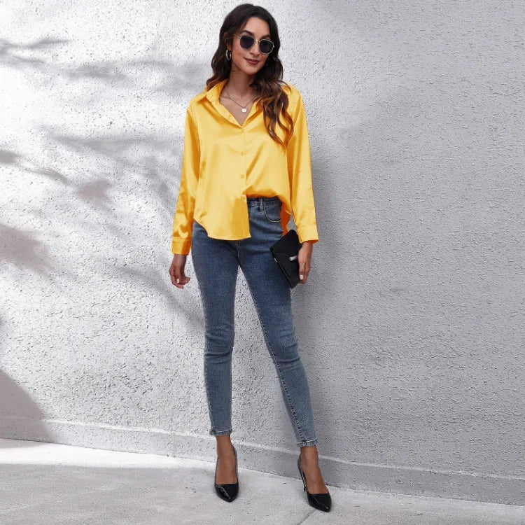 Spring Summer Long Sleeve Women's Silk Shirt Office Ladies Stain Blouses Solid Turn-down Collar Single Breasted Woman Shirts