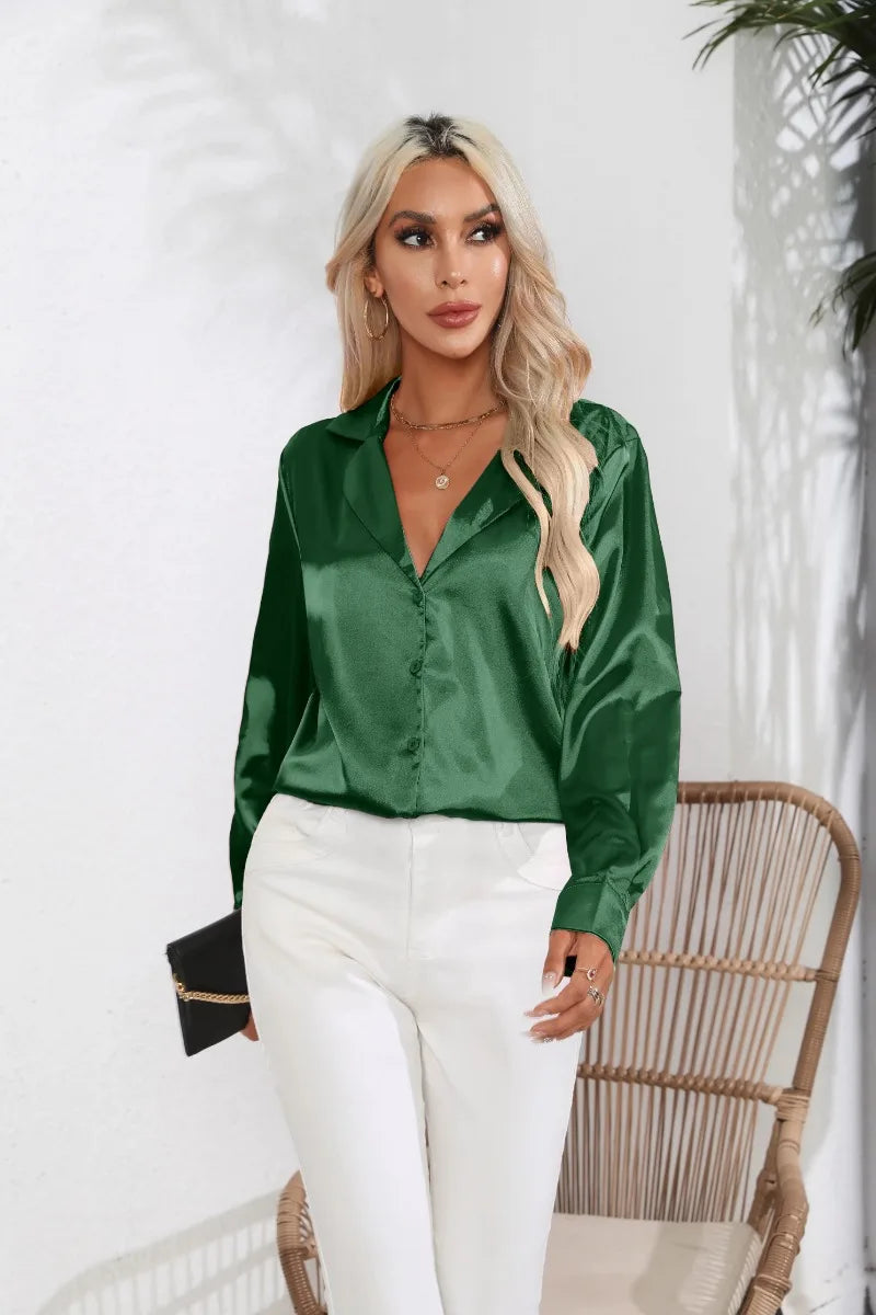 2024 Spring Summer Women Shirts Office Lady Woman Long Sleeve Satin Turn-down Collar Blouse with Single Breasted Female Blouses