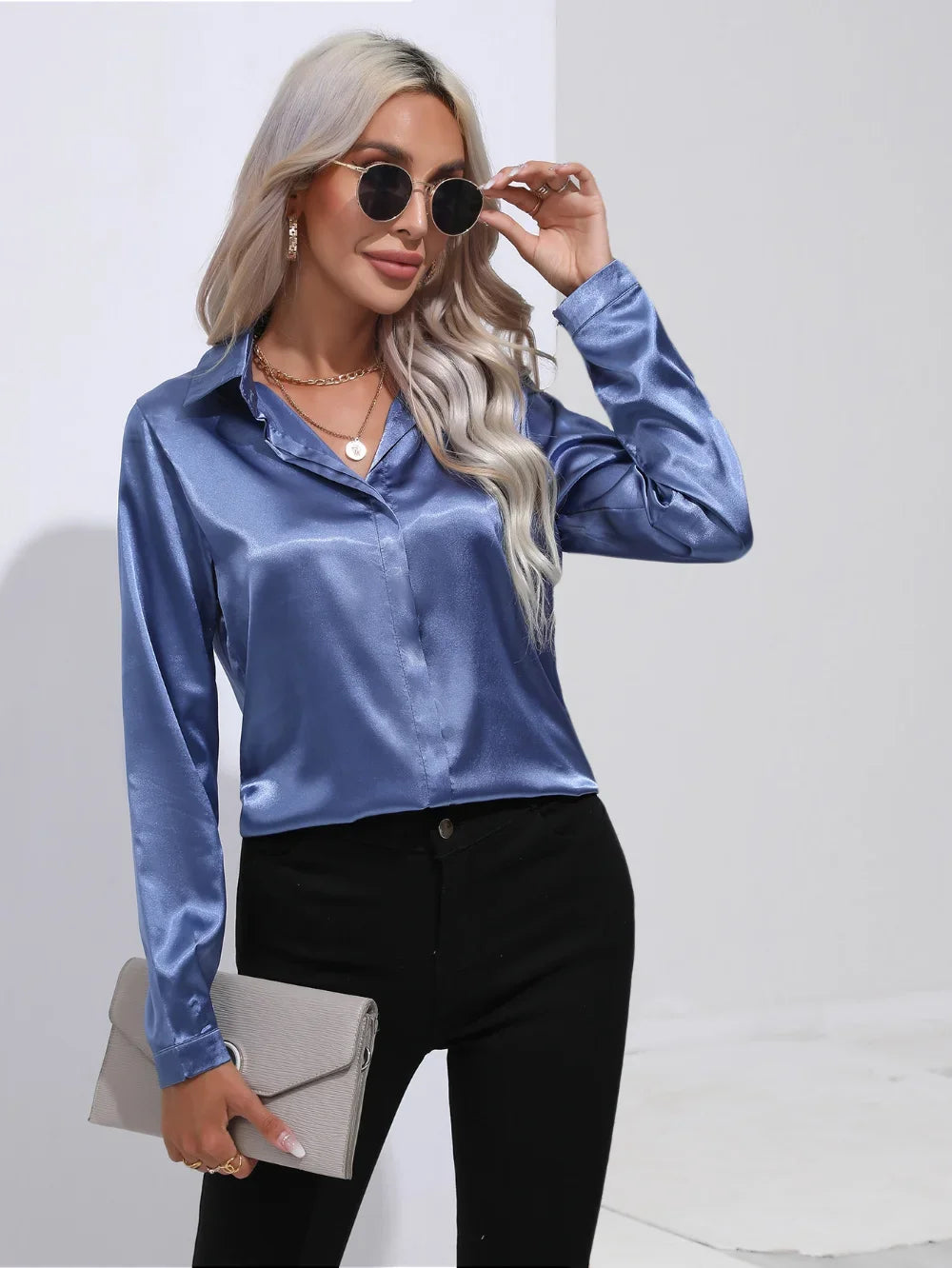 Women's Shirt with Single Breasted Long Sleeve Shirts Spring Summer Silk Shirt Office Lady Satin Turn-down Collar Casual Blouses