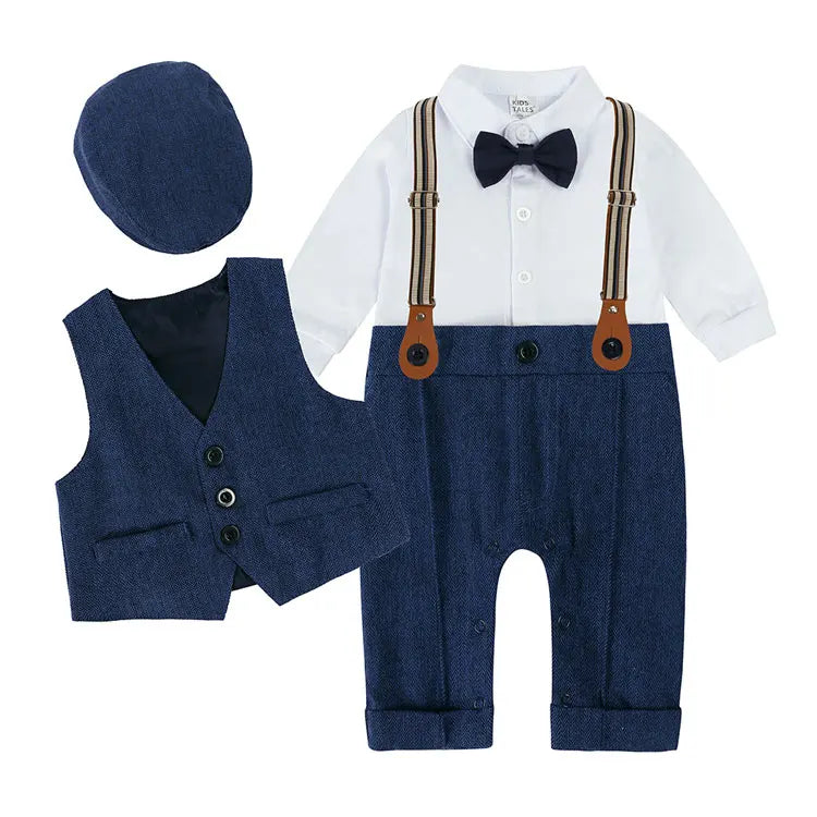 England Style Kids Clothes Boys Outfit Set 3 PCS Cotton Long Sleeve Rompers Hat Vest Spring Autumn Children Clothing 1-3 Years