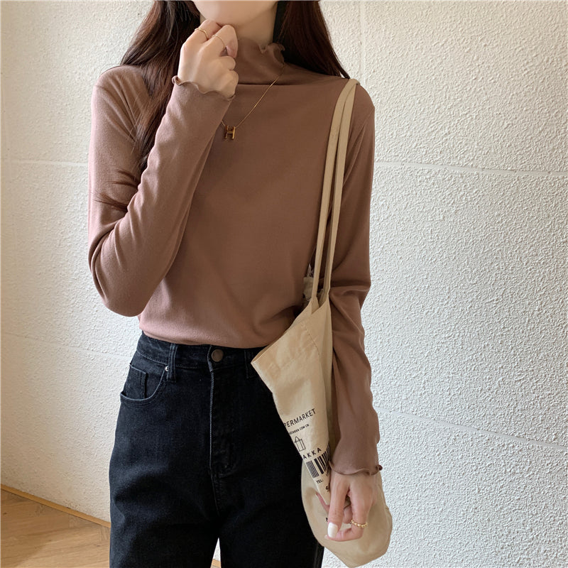 Long Sleeve Bottom Shirt Women T-shirts Autumn Winter Fashion Female Casual Skinny High Elastic Mock Neck Pullover T-shirts Tops