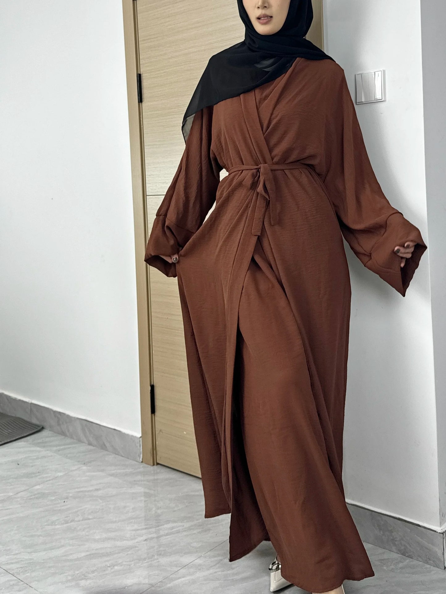 Women Open Front Abaya Muslim Sets Muslim Jilbab Loose Cardigan Coat Sleeveless Inner Dress Two Pieces Prayer Clothing with Belt