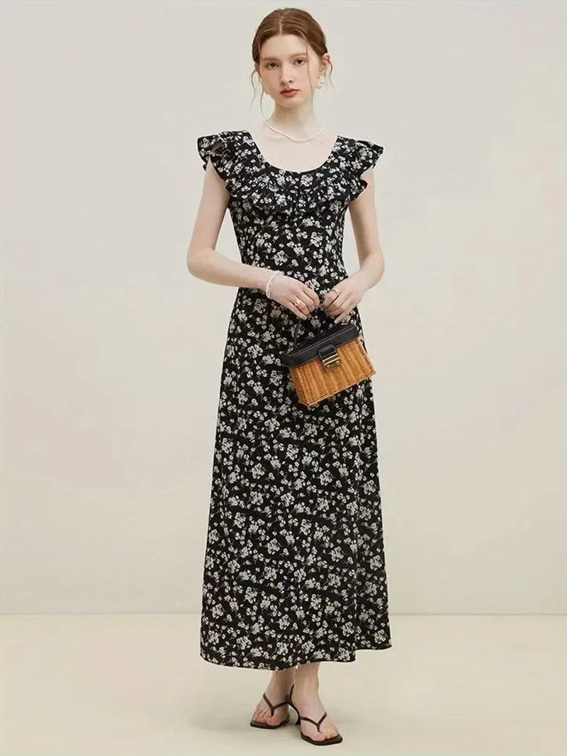 Spring Summer Chiffon Dress Women Sleeveless Dresses Vestidos Vintage Printed Floral A-line Midi Casual Dress with Side Zippers