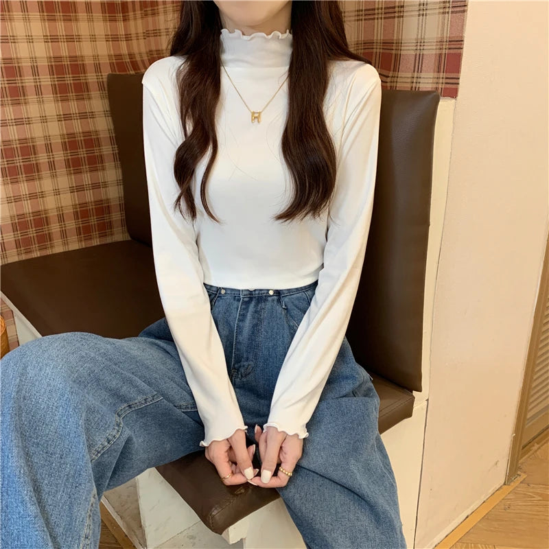 Long Sleeve Bottom Shirt Women T-shirts Autumn Winter Fashion Female Casual Skinny High Elastic Mock Neck Pullover T-shirts Tops