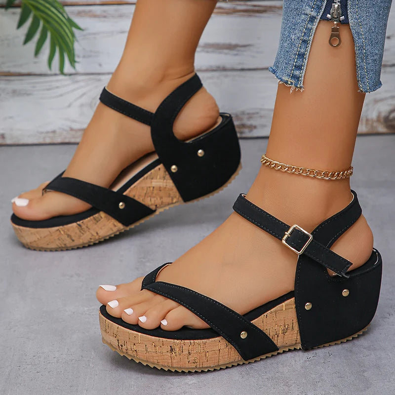 Camel Wedges Chunky Platform Sandals Women 2024 Summer Clip Toe Thick Bottom Gladiator Sandals Woman Ankle Buckle Beach Shoes