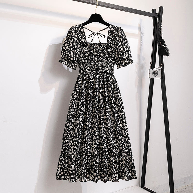 2023 Spring Summer Short Sleeve Casual Dresses Female Elastic Waist Pleated Backless Chiffon Dress Women Midi Dresses Vestidos