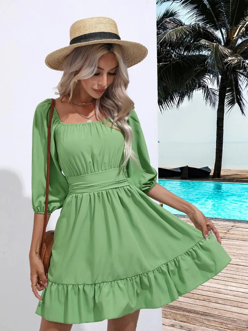 Summer Women Dresses Square Collar Bohemian RUFFLES Elastic Waist Above Knee Mini Dress Short Sleeves Pullover Mujer Vestidos