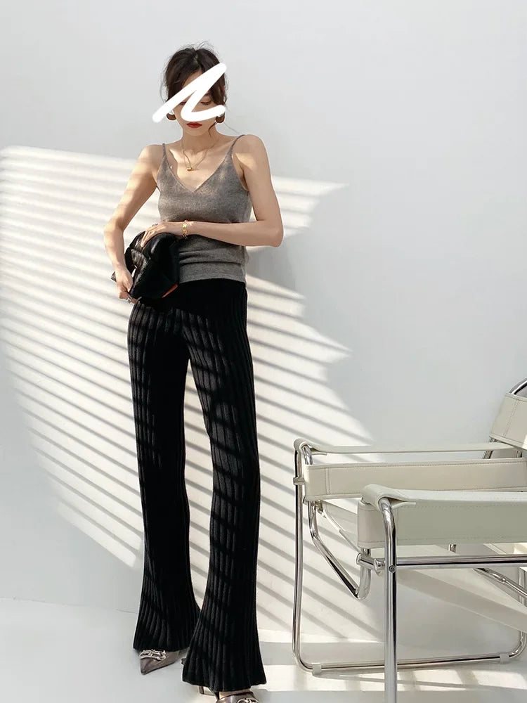 Autumn Winter Casual Thick Knitted Pant Women Long Trousers Elastic High Waist Kniting Wide Leg Pants Striped Pantalon