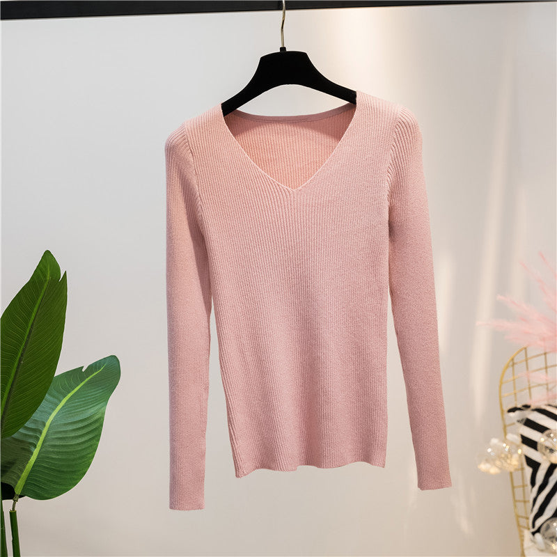 Women Knitted Shirts Fashion Female Autumn Winter Long Sleeve V-neck Skinny Elastic Casual Thin Sweater Pullover Tops Knitwear