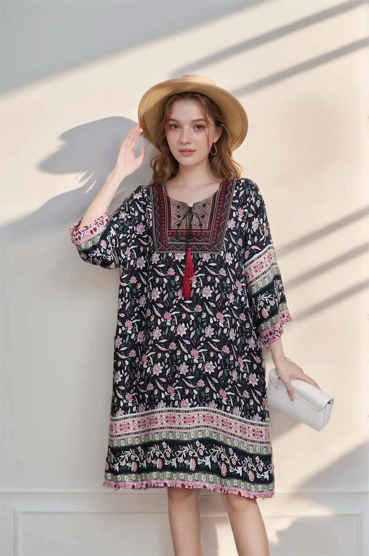 Print Floral Loose Mini Dress Women Dresses Summer Spring Fashion Vestidos Vintage Short Sleeve Tassel Poplin Boho Beach Dresses