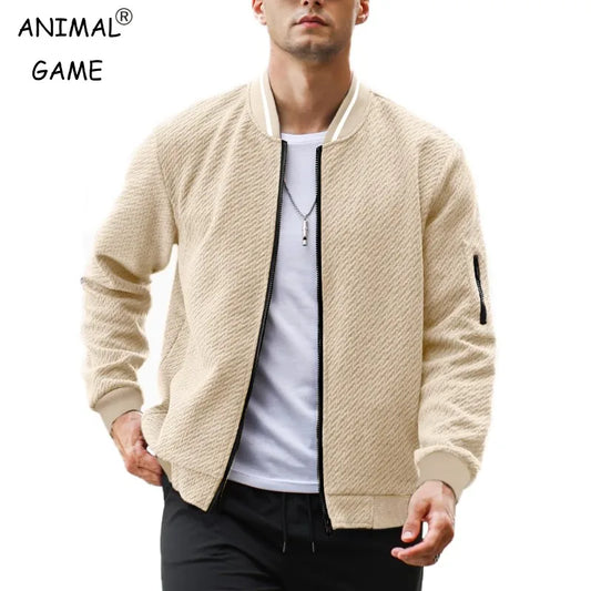 Mens Casual Jacquard Bomber Jackets Color-Block Lightweight Varsity Jacket Fashion Zipper Coat with Pockets Autumn Streetwear