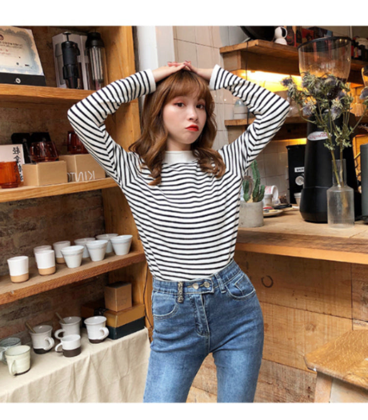 Autumn Winter Women Mock neck Sweaters Pullover Tops Fashion Female Skinny Elastic Long Sleeve Casual Striped Knitted Shirts