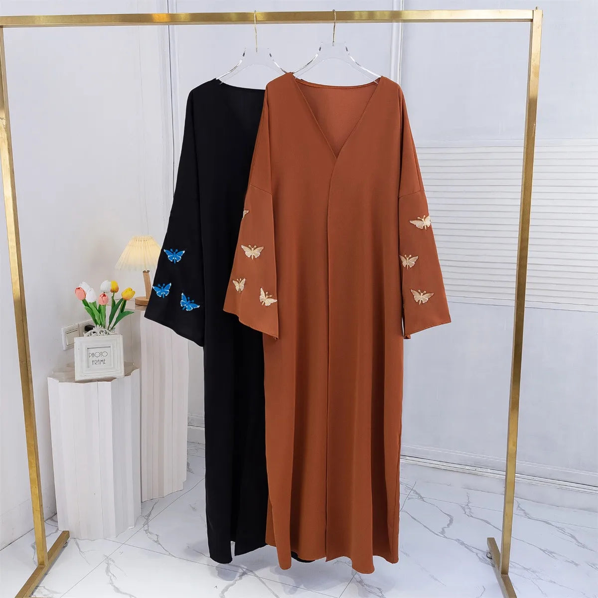 Butterfly Embroidery Open Front Abaya Women Long Sleeve Maxi Length Dress Muslim Abayas Kaftans Women Jilbabs Women's Clothing