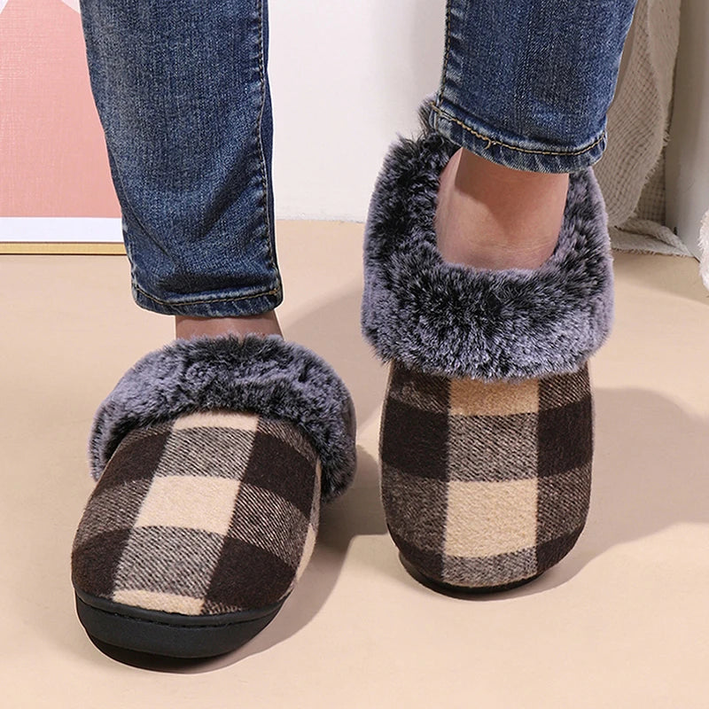 Plaid Thicken Plush Fur Slippers Women 2024 Winter Closed Toe Couple Home Slippers Woman Comfort Soft Sole House Shoes Slides