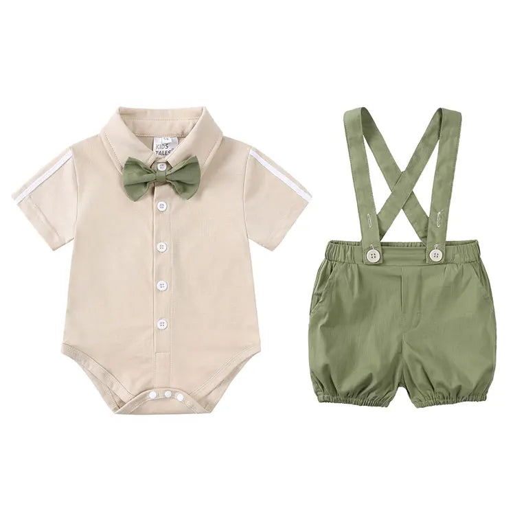 England Style Baby Boys Outfit Set Summer Clothes for Boys Cotton Short Sleeve Romper Strap Shorts Newborn Clothing 3-24 Months