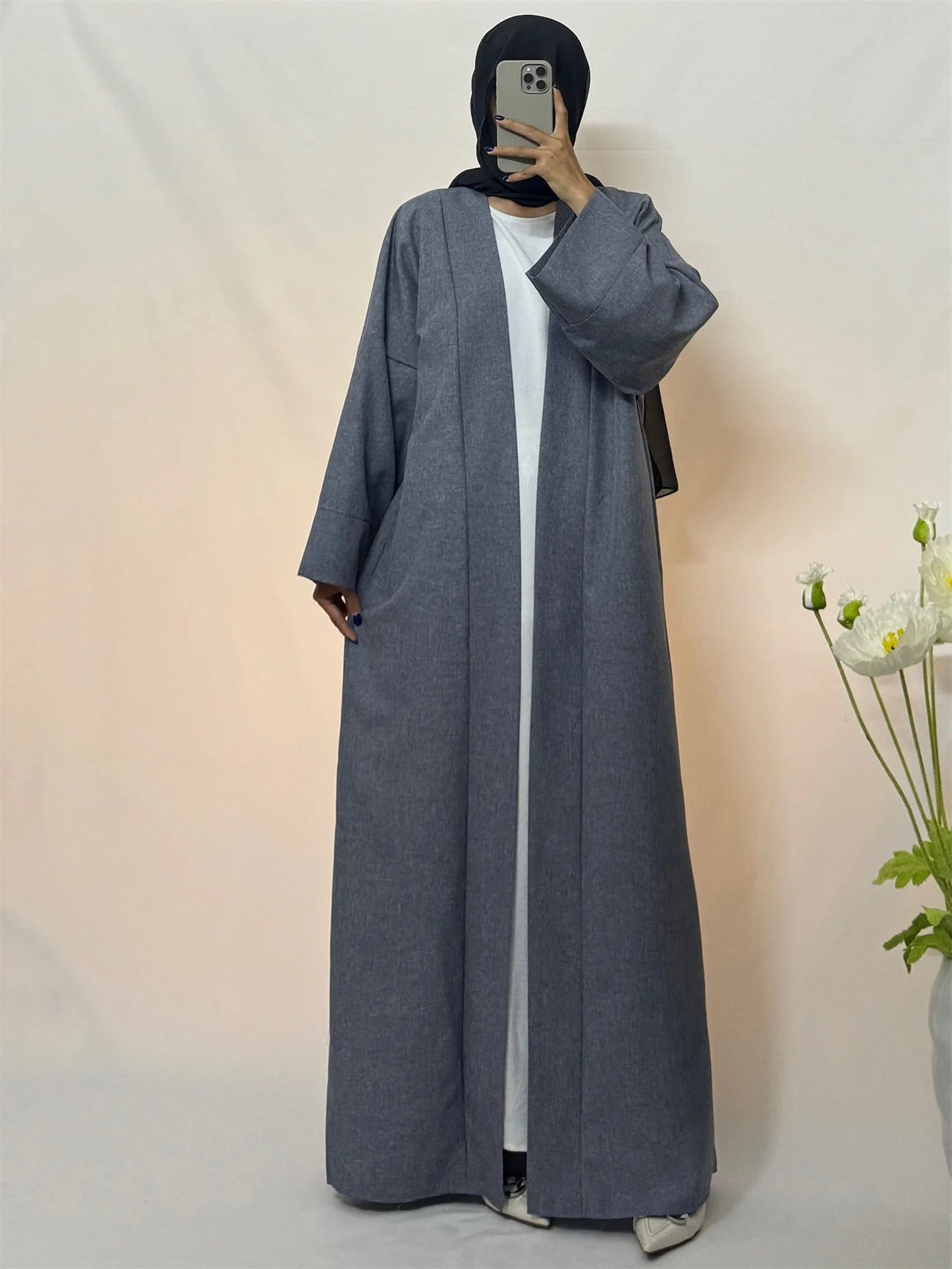 Open Front Abaya Muslim Kaftans Islamic Clothing Solid Long Sleeve Loose Maxi Dress Women Jilbabs Abayas Dubai Robe Caftan