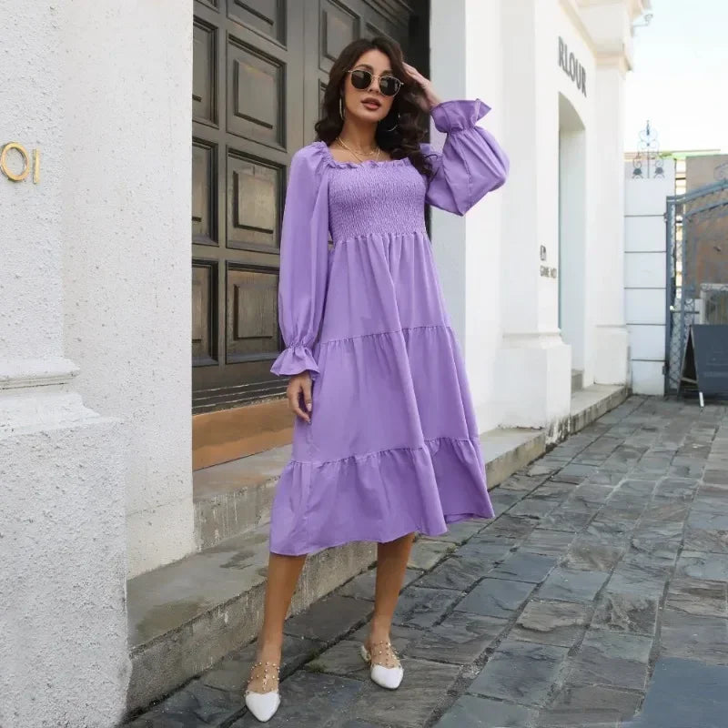 Spring Autumn Pleated Square Neck Women Dresses Vintage Loose Puff Long Sleeve Woman Dress Solid Ruffle Loose Mujer Vestidos