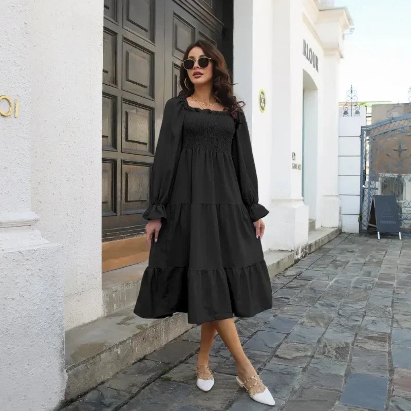 Spring Autumn Pleated Square Neck Women Dresses Vintage Loose Puff Long Sleeve Woman Dress Solid Ruffle Loose Mujer Vestidos