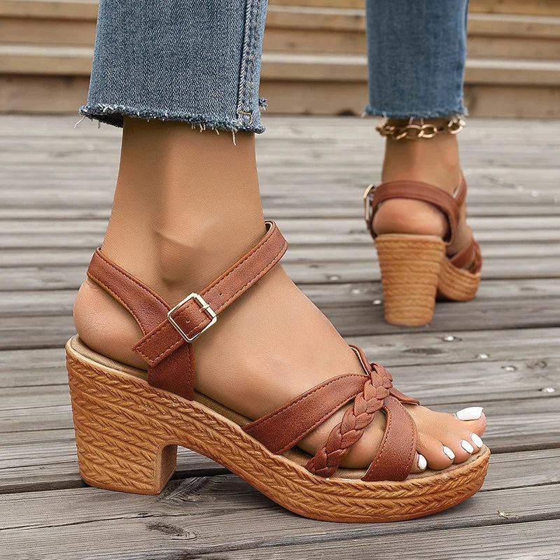 Women's Braided High Heels Sandals 2024 Summer Chunky Platform Gladiator Sandals Woman Ankle Straps Vacation Casual Beach Shoes