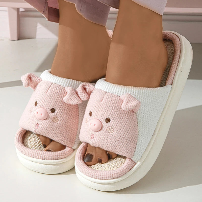 Cute Cartoon Pig Linen Slippers Women 2024 Winter Comfort Soft Sole Funny Cotton Slippers Woman Non Slip Flat Heels House Shoes