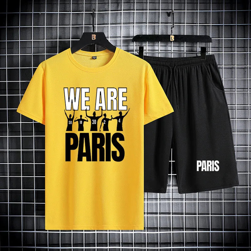 Cotton Short Sets Men Set PARIS Football Team T-Shirts Shorts Sport Suit Sweatsuit Men Tracksuit Casual Cotton Short Sets Men