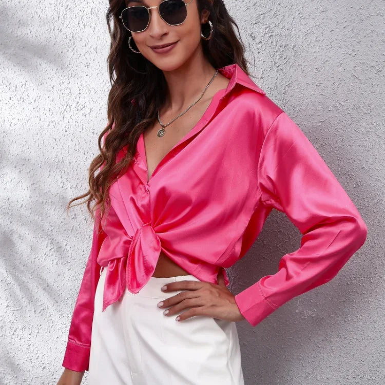 Spring Summer Long Sleeve Women's Silk Shirt Office Ladies Stain Blouses Solid Turn-down Collar Single Breasted Woman Shirts