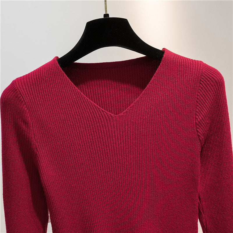 Women Knitted Shirts Fashion Female Autumn Winter Long Sleeve V-neck Skinny Elastic Casual Thin Sweater Pullover Tops Knitwear