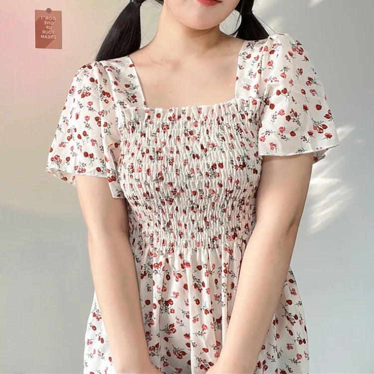 Spring Summer Chiffon Dress Women Casual Dresses Female Elastic Waist Short Sleeve Printed Floral Midi A-Line Dresses Vestidos