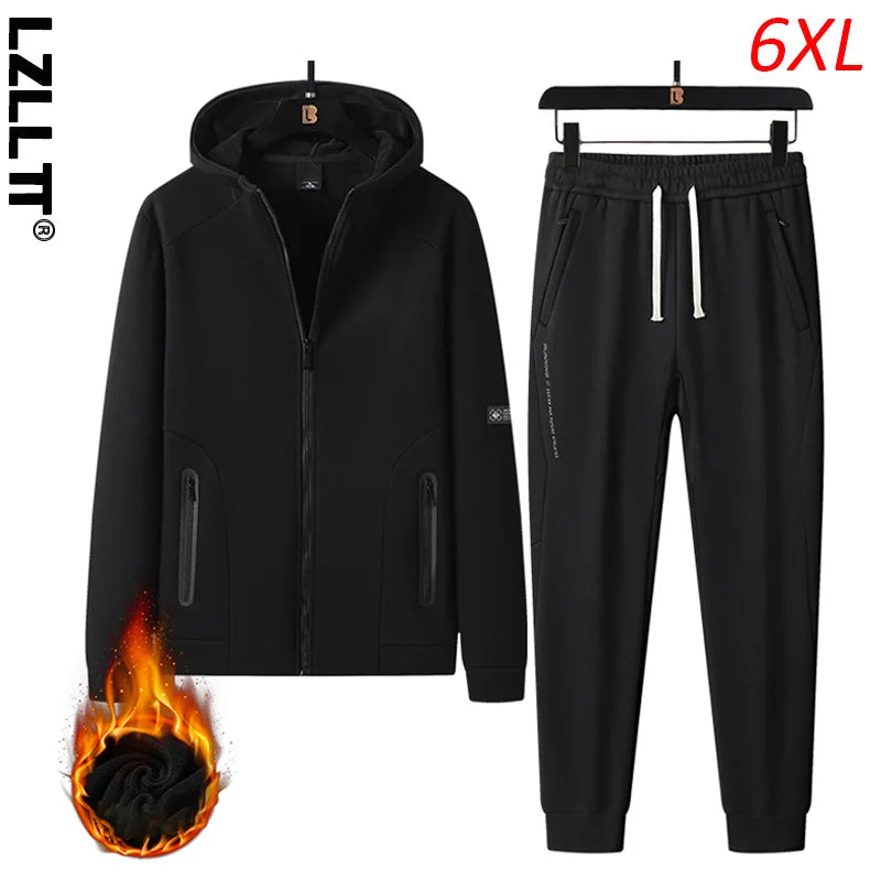 Winter Men Cotton Casual Warm Sport Suits Man Outdoor Jogger Gym Tracksuits 2 PCS Sets Male Running Hooded Jacket Pants Suit 6XL