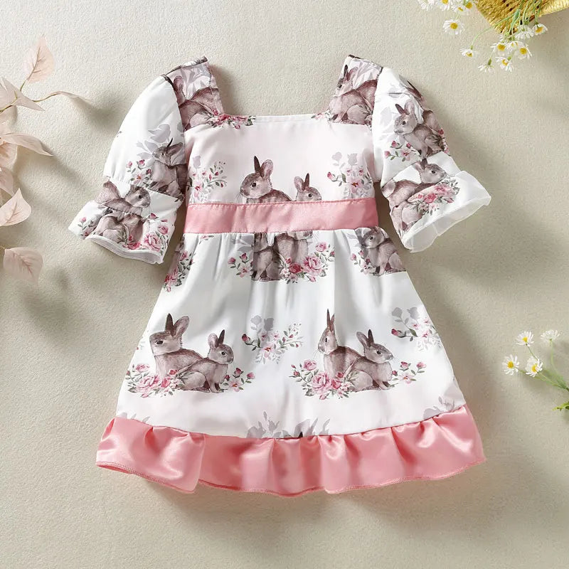 Cartoon Rabbit Kids Dresses for Girls Summer Children Girl Dress Cotton Short Sleeve Girls Casual Dresses 1-3 Years