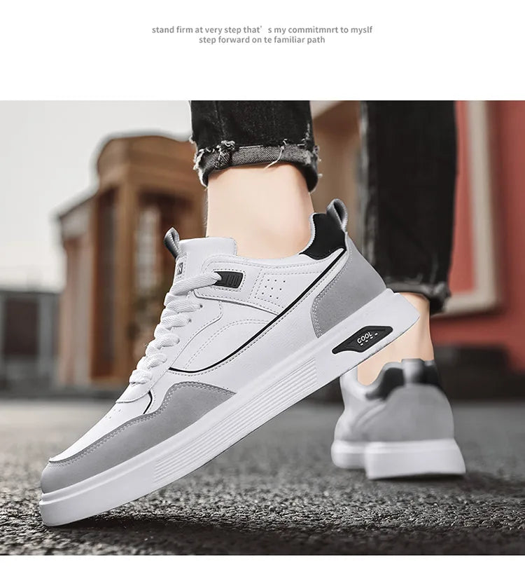 Men's new casual sports shoes leather spring and autumn lace-up white men's shoes vulcanized walking men's shoes