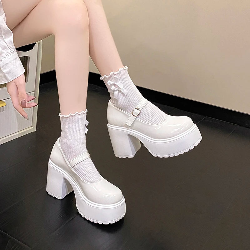 Chunky Platform High Heels Pumps Women 2023 Autumn Pu Leather Ankle Buckle Mary Jane Shoes Woman Thick Heeled White Lolita Shoes