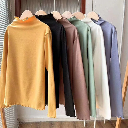 Long Sleeve Bottom Shirt Women T-shirts Autumn Winter Fashion Female Casual Skinny High Elastic Mock Neck Pullover T-shirts Tops