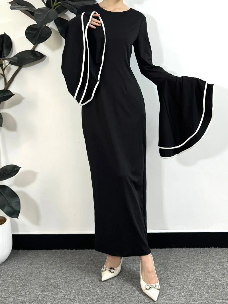 Muslim Evening Dress Women Party Dresses Flare Sleeve Elastic Elegant Slim Maxi Dress Kaftan Muslim Abayas Islamic Clothing