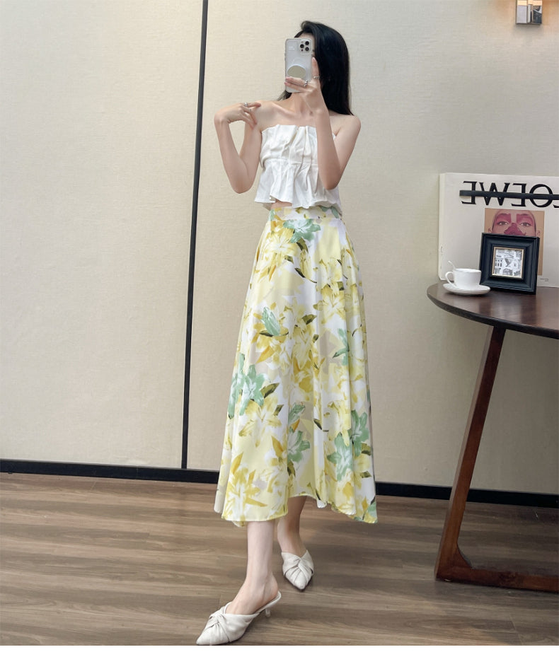 2022 Summer High Waist Women Skirts Casual Floral Printed Chiffon Woman Midi Skirts Bohemian Beach Holiday Long A-line Skirts