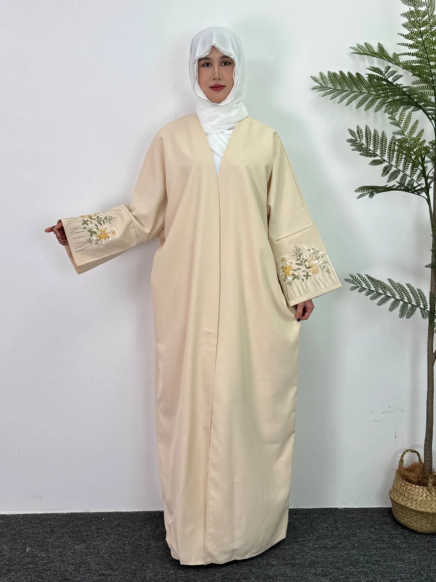 Embroidery Floral Open Front Abaya Women Maxi Length Dress Muslim Abayas Long Sleeve Kaftans Women Jilbabs Women's Clothing