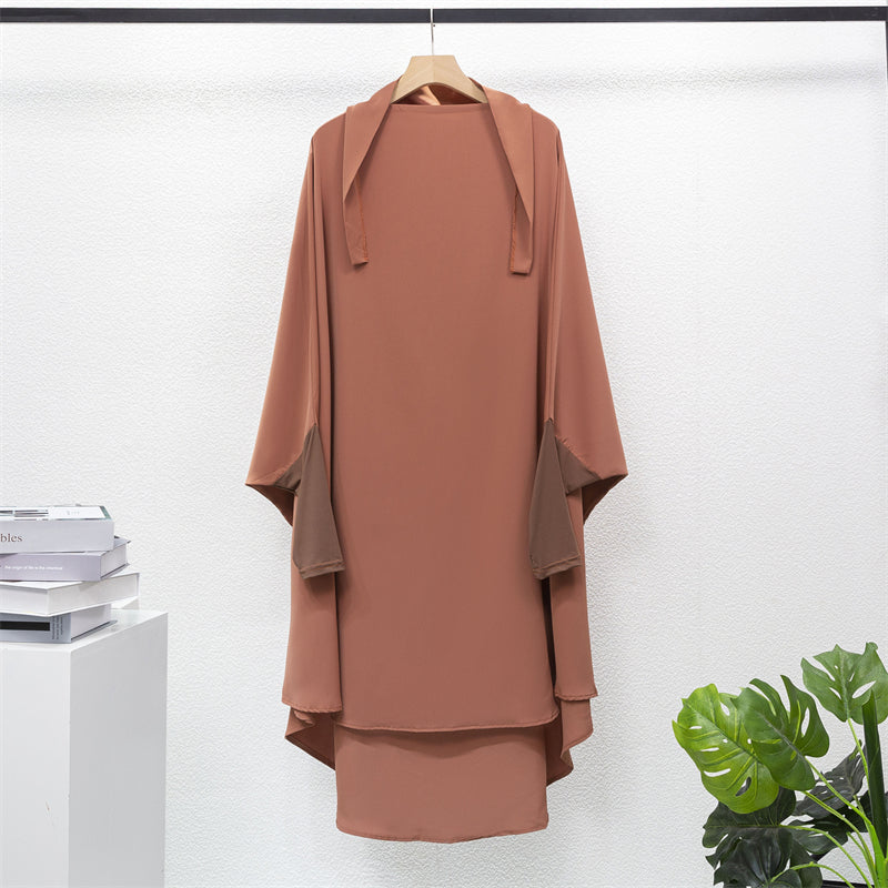 Muslim Sets Two Pieces Prayer Clothing Long Hooded Smocking Sleeve Shirts Hijab Loose Maxi Skirts Elastic Waist Women Abaya Sets