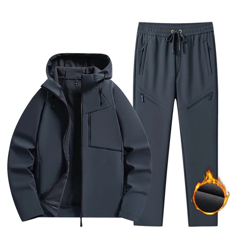 Winter Men Outdoor Fleece Sport Suits Tracksuit Men Sportswear Thick Hike Sets Male Joggers Hooded Suit 2 Pieces Jacket Pant 6XL