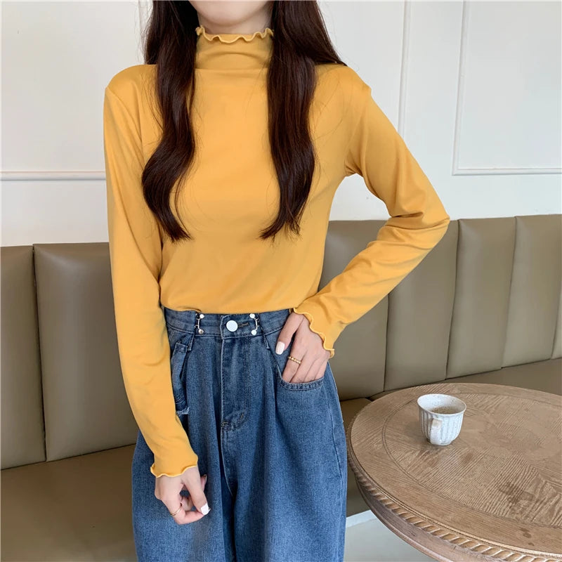 Long Sleeve Bottom Shirt Women T-shirts Autumn Winter Fashion Female Casual Skinny High Elastic Mock Neck Pullover T-shirts Tops