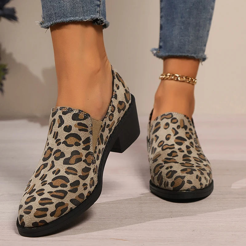 Sexy Leopard High Heels Loafers Woman 2024 Autumn Pointed Toe Thick Heeled Pumps Woman Plus Size 43 Slip On Casual Shoes Mujer