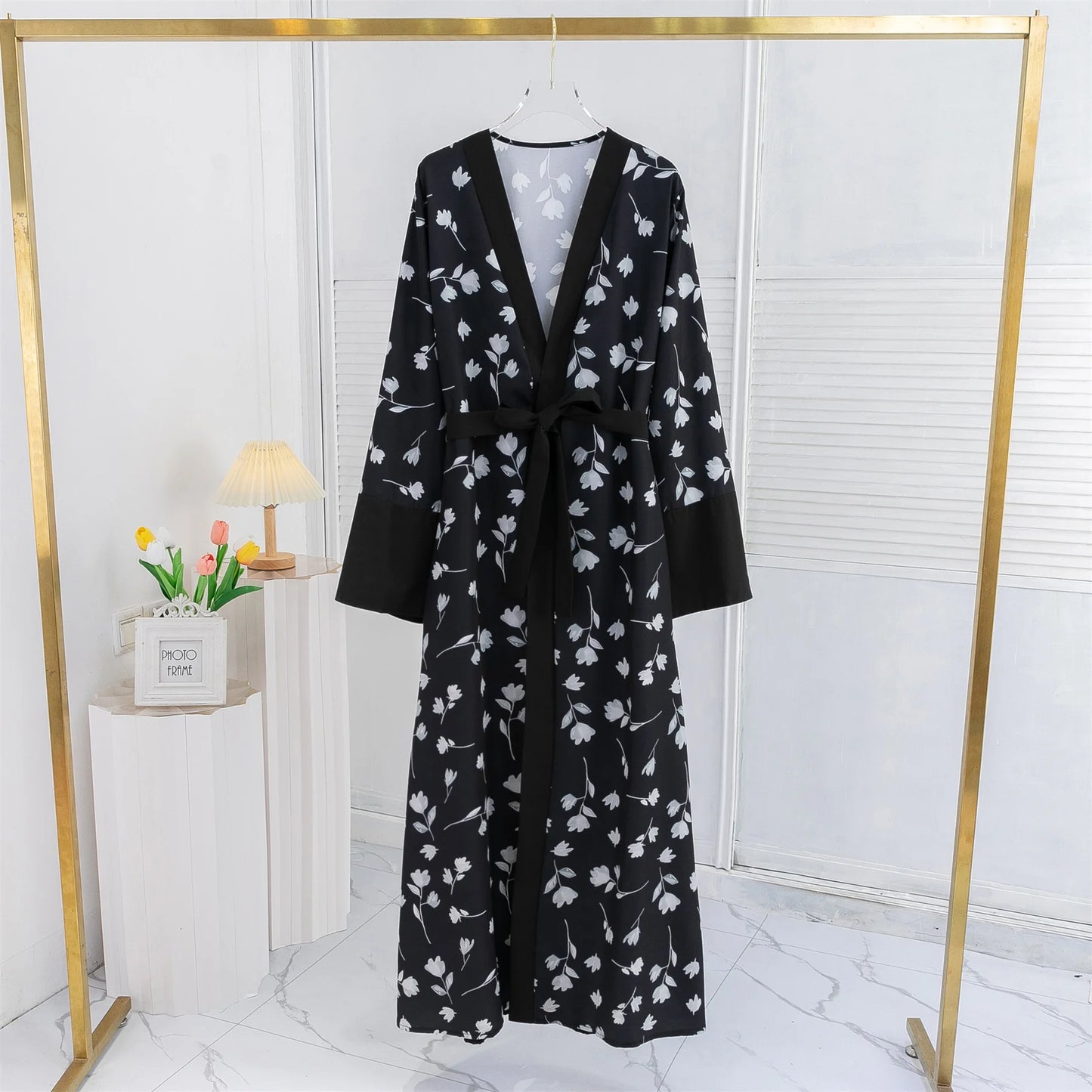 Muslim Printed Floral Open Front Abaya women Long Sleeve Maxi Length Dress With Belt Women's Clothing Kaftans Women Jilbabs