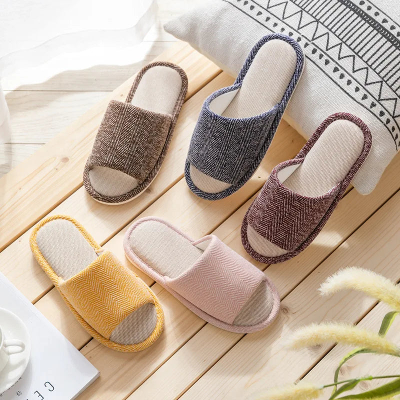 Breathable Linen Home Slippers Women 2024 Winter Soft Sole House Cotton Slippers Woman Anti Slip Flat Heels Couple Floor Shoes