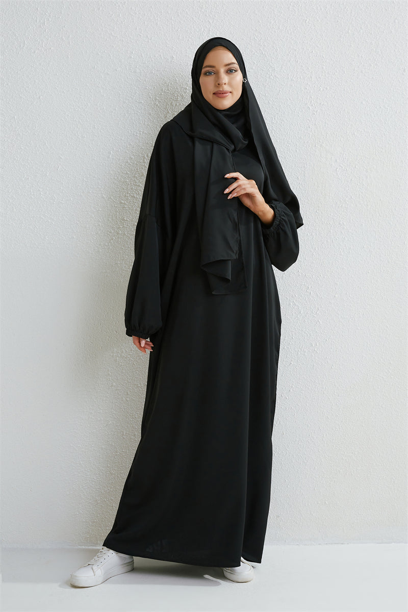 Muslim Abaya Prayer Dress One-piece Hooded Smocking Sleeve Islamic Clothing Women Jilbab Dubai Saudi Black Robe Turkish Modesty