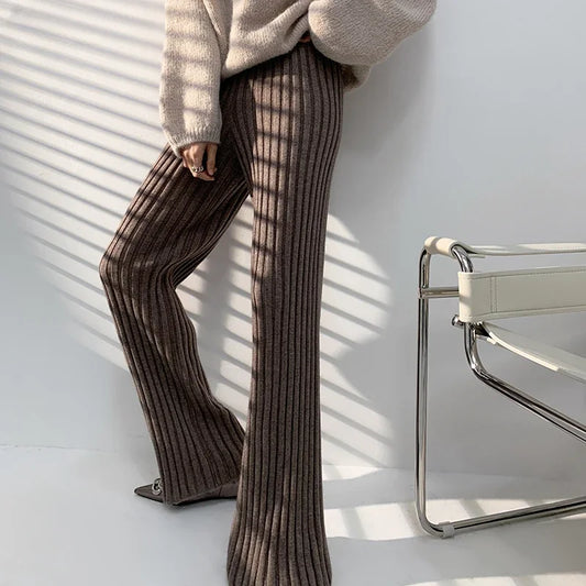 Autumn Winter Casual Thick Knitted Pant Women Long Trousers Elastic High Waist Kniting Wide Leg Pants Striped Pantalon