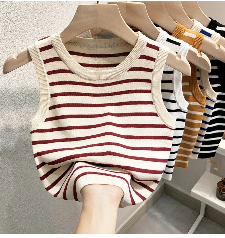 Summer Spring Striped Tank Tops Women Sleeveless Knitted T-Shirts Crop Tops Female Elastic Slim Casual Vests Pullover Camis