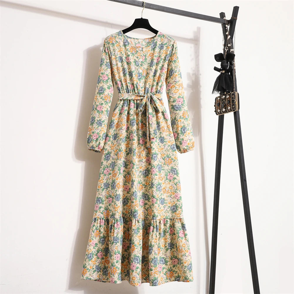 Autumn Spring Women Chiffon Dresses O-neck Mujer Vestidos Female Vintage Floral Printed Full Sleeve A-line Long Maxi Dresses