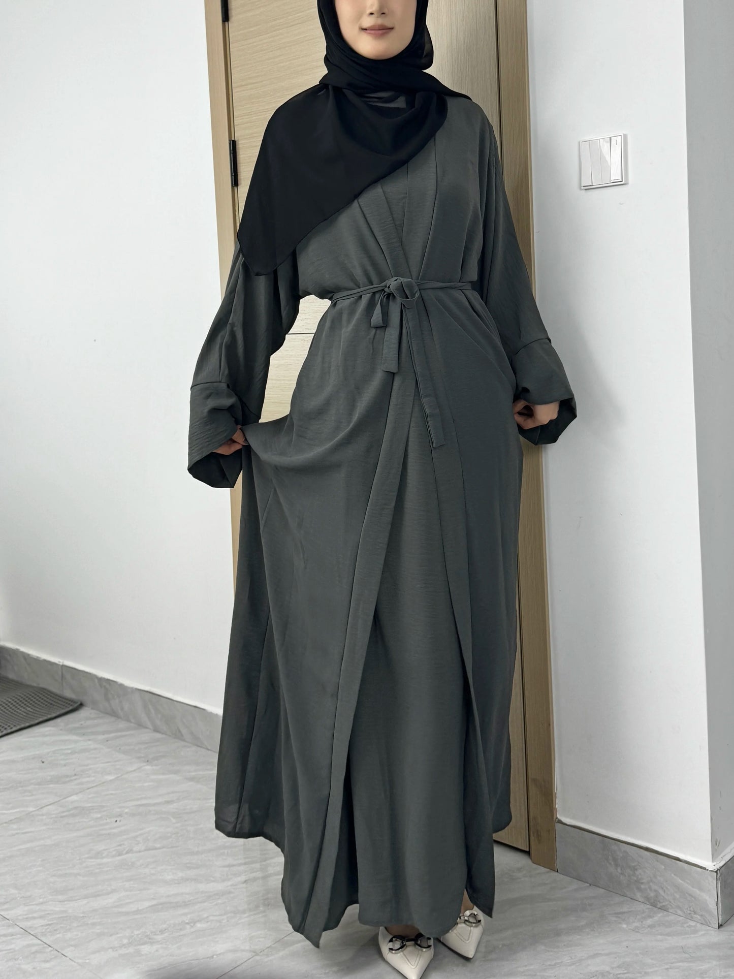 Women Open Front Abaya Muslim Sets Muslim Jilbab Loose Cardigan Coat Sleeveless Inner Dress Two Pieces Prayer Clothing with Belt