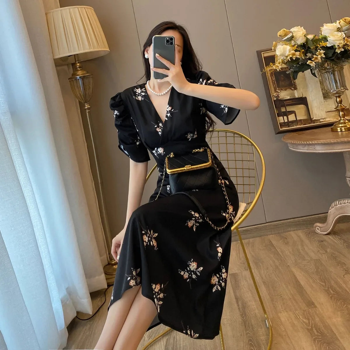 Spring Summer Chiffon Dress Women Casual Dresses Fashion Female Printed Floral V-neck Short Sleeve A-line Dresses Vestidos